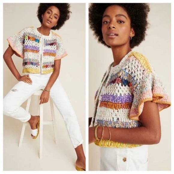 Anthropologie Mia Hand-Knit Cropped Cardigan Silk Blend Size XS/S - Picture 2 of 11